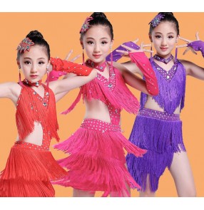 Red fuchsia hot pink violet purple fringes tassels rhinestones girls kids children stage performance latin salsa cha cha dance dresses outfits costumes